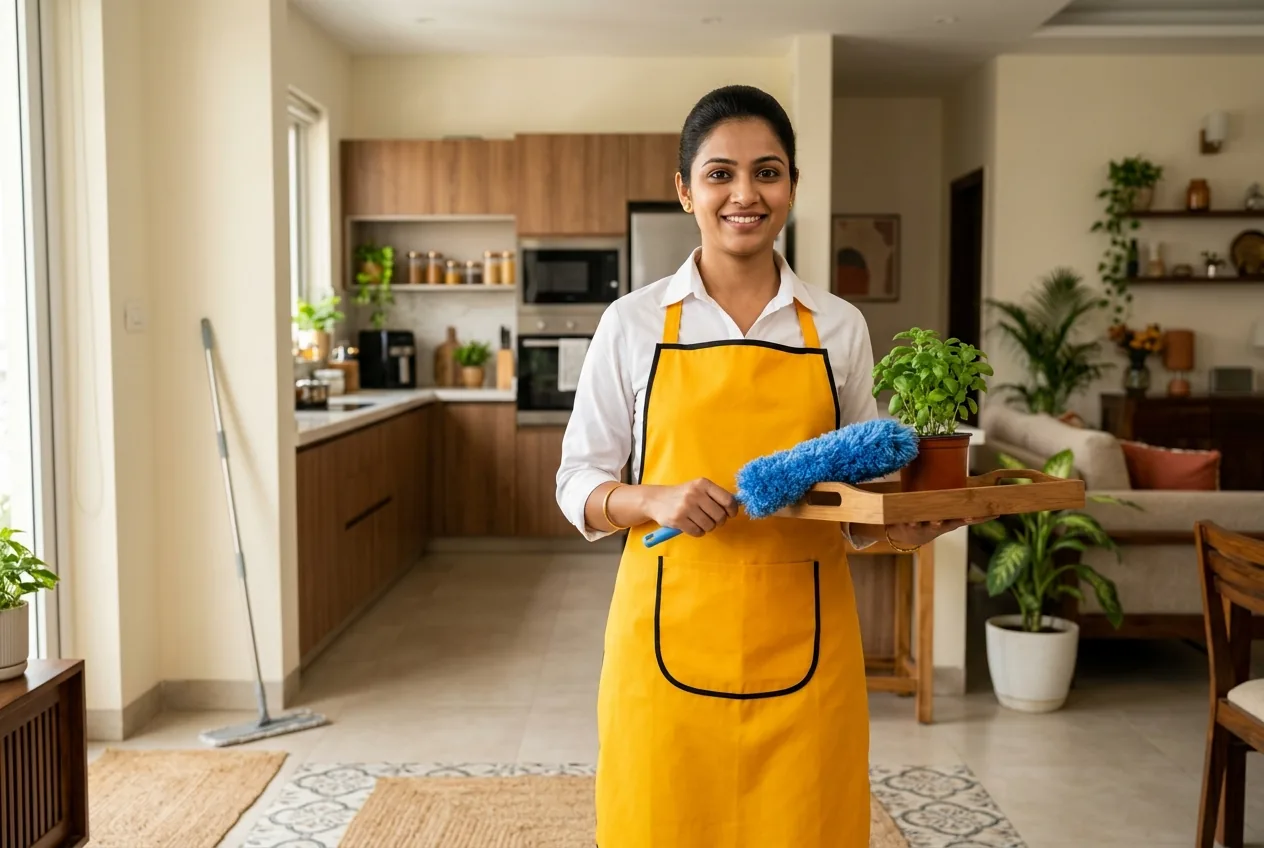 Maidvy all-rounder domestic helper in a yellow uniform holding a duster and kitchen tray in a modern open-plan Indian home.