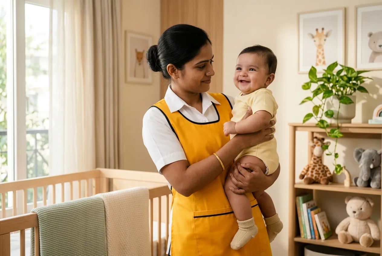 Maidvy baby caretaker in a yellow uniform tenderly holding a smiling Indian baby in a soft-lit modern nursery.