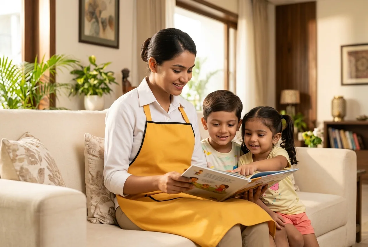 Maidvy babysitter in a yellow uniform reading a picture book to two Indian children on a sofa in a warm modern home.