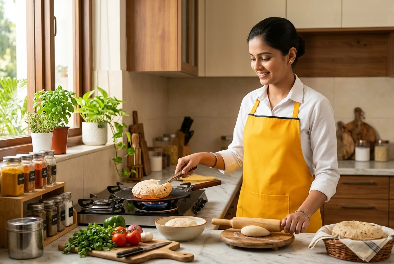 Maidvy household cook in a yellow uniform preparing fresh rotis on a tawa in a modern modular Indian kitchen.