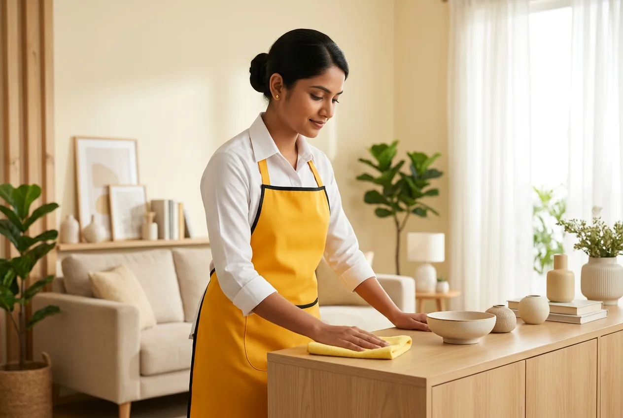 Maidvy house maid in a yellow uniform dusting a wooden sideboard in a bright modern Indian living room.