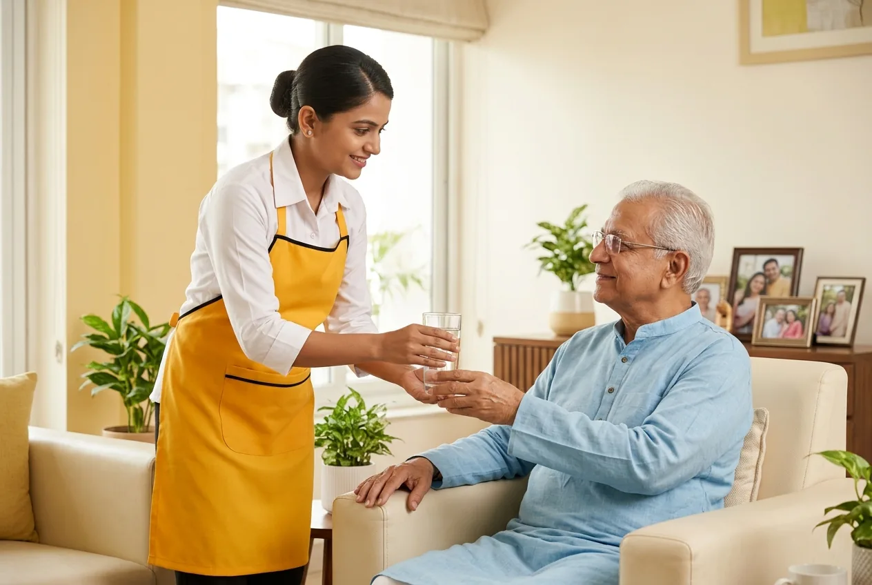 Maidvy patient care attendant in a yellow uniform warmly serving water to an elderly Indian gentleman in his armchair at home.
