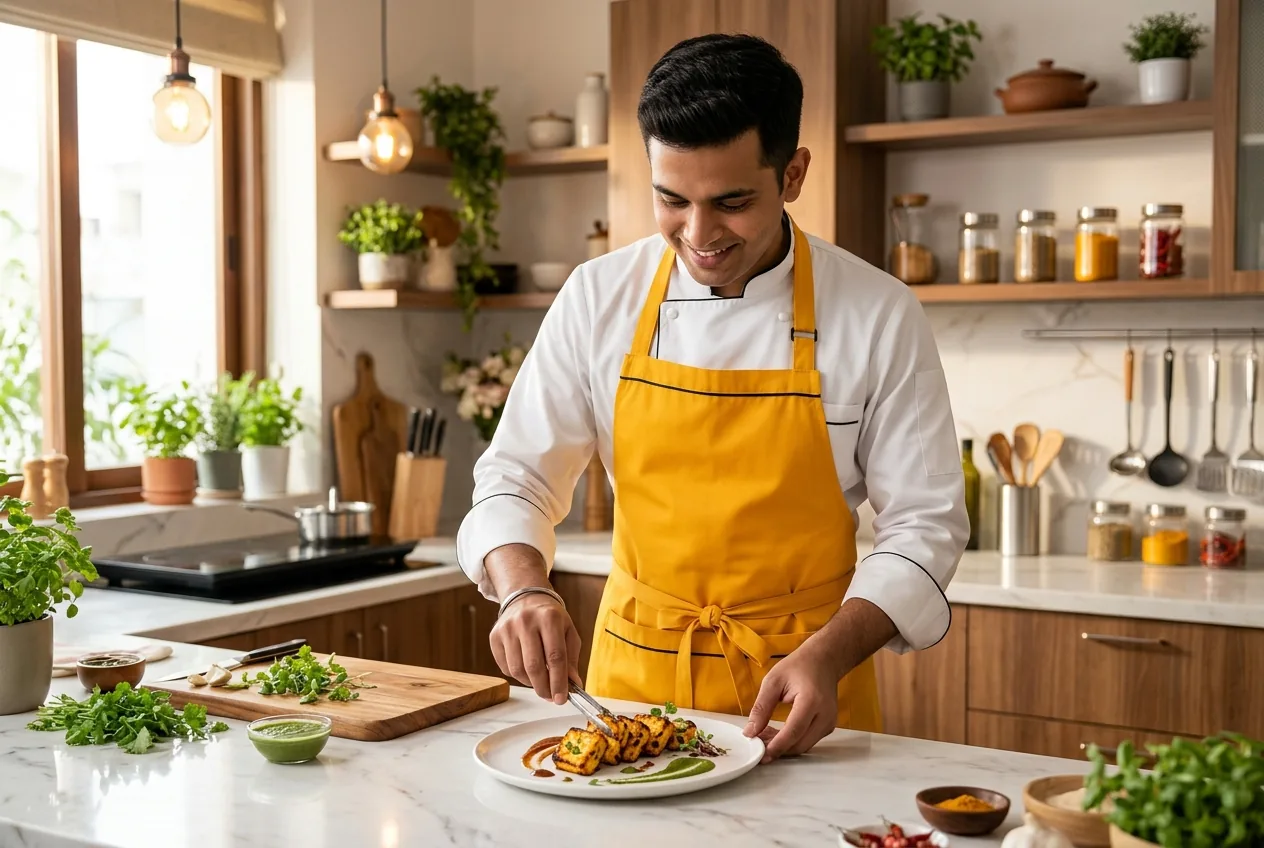 Maidvy professional Indian chef in a white chef jacket and yellow apron plating a premium Indian dish in a modern modular kitchen.